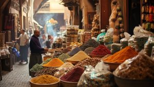 A bustling Moroccan souk overflowing with colorful spices. A merchant attends to his wares.