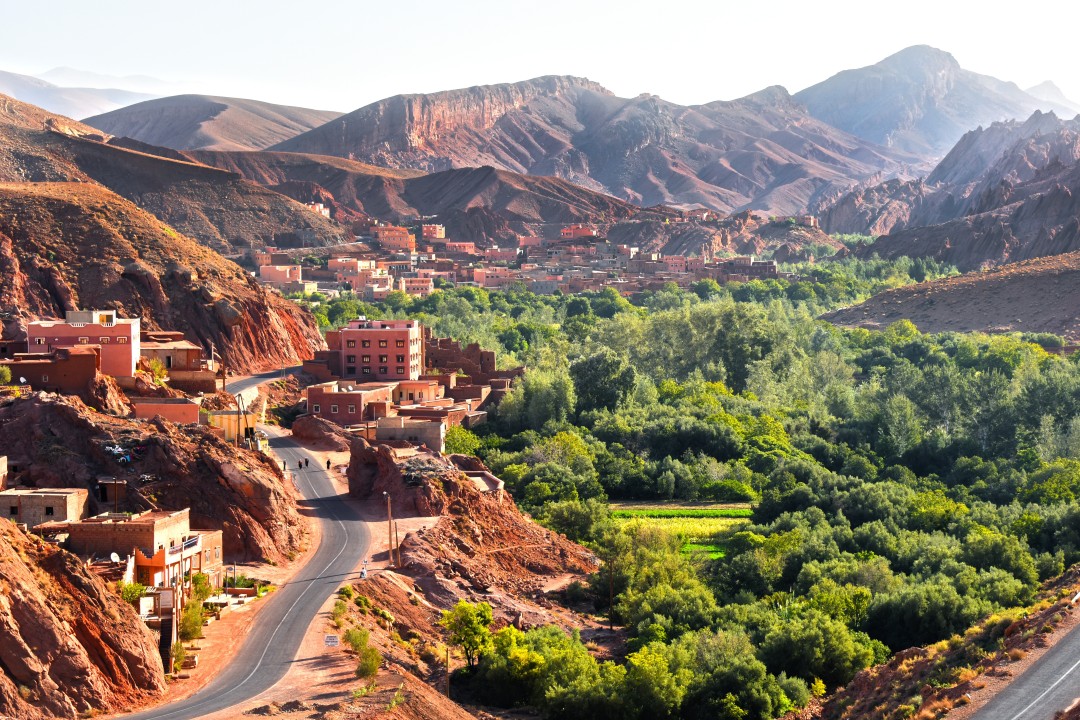 Atlas Mountains in Morocco A winding road twisting through the dramatic landscape of the Atlas Mountains