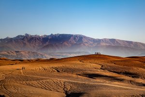 Agafay desert landscape with dunes and camels