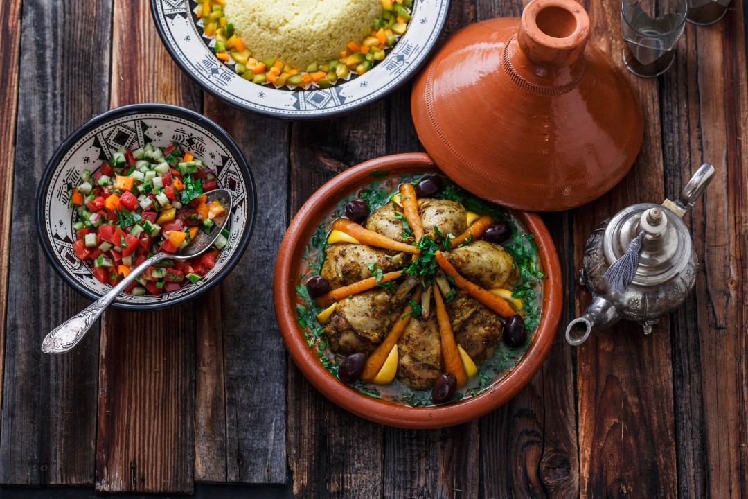 Moroccan tagine A Moroccan chicken tagine with couscous and salad