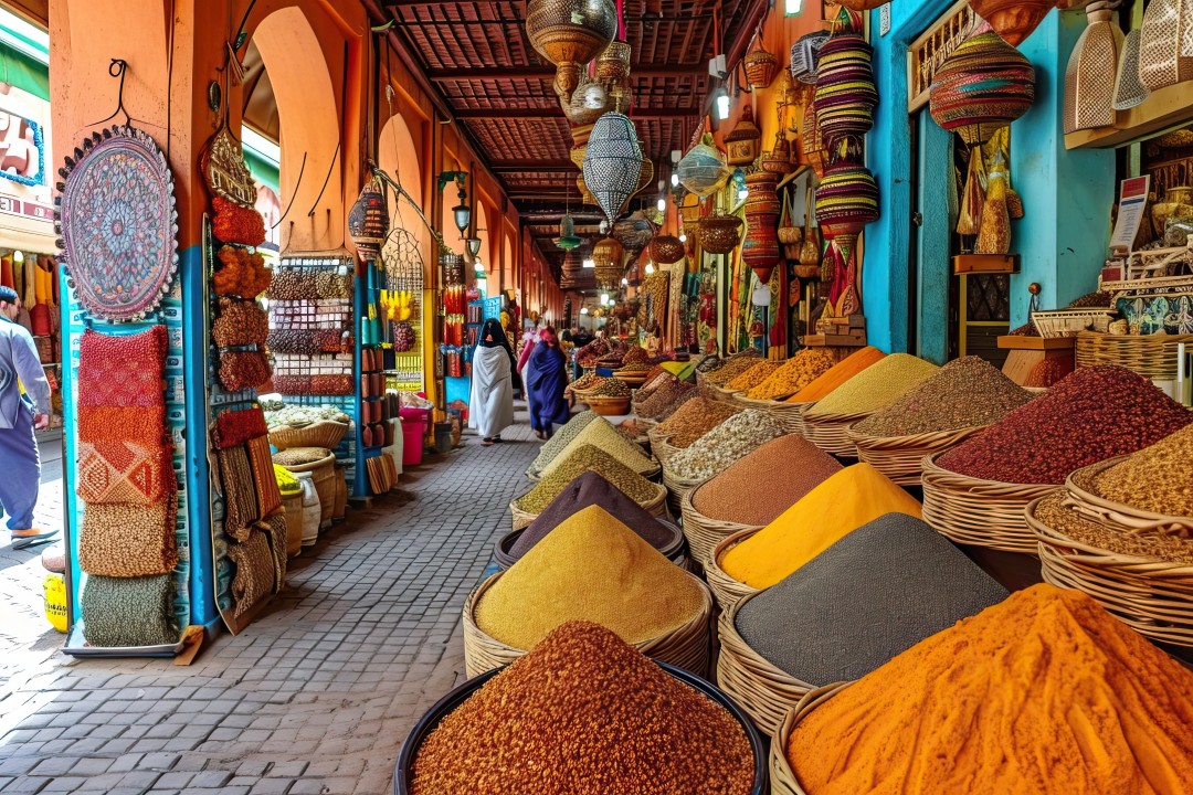 Marrakech bazaar Open air spice bazaar with bowls full of colorful spices and condiments