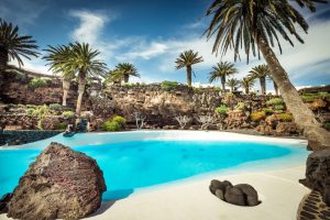Turquoise pool at Jameos del Agua surrounded by palm trees and volcanic rock