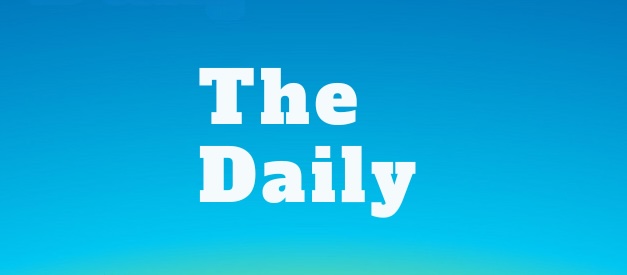 The Daily Podcast logo in white text on a square blue background graduating to yellow at the bottom