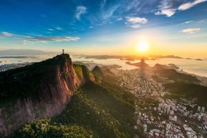 Sunrise over Rio de Janeiro, with Christ the Redeemer on Corcovado