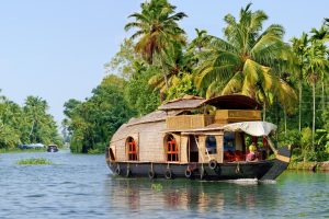 Traditional thatched houseboat cruising along Kerala’s palm-fringed backwaters