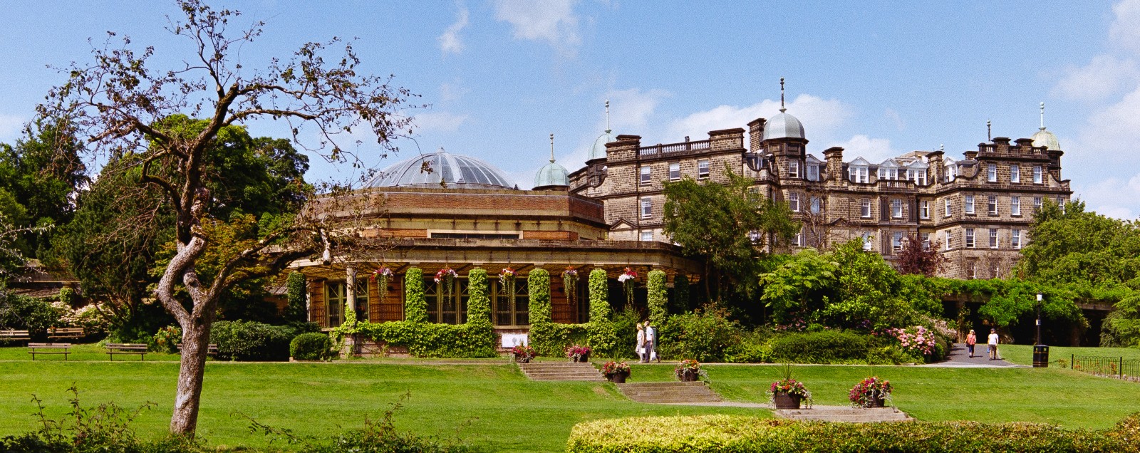 The domed Sun Pavilion overlooking green lawns and flower beds in Harrogate's Valley Gardens