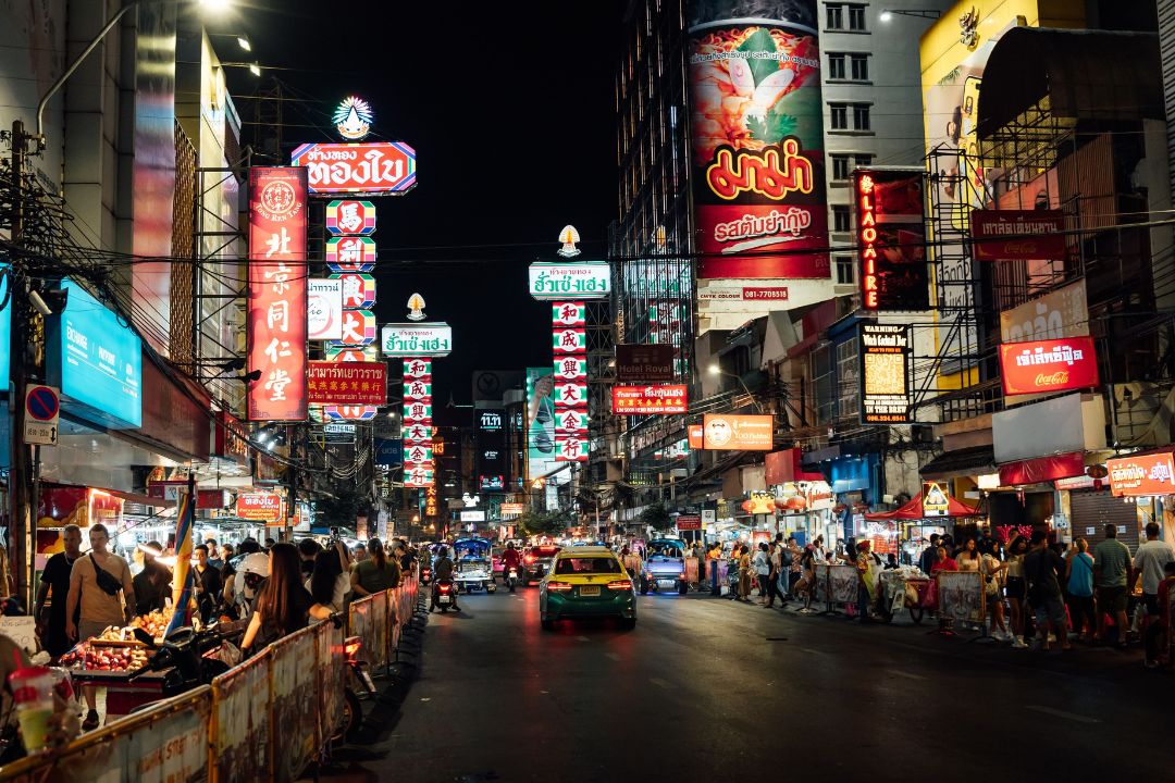 Yaowarat, Bangkok’s Chinatown Colourful neon lights with Chinese lettering and logos light up a street