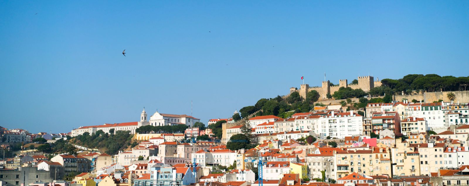 Panoramic view of Lisbon with terracotta rooftops, historic churches and colourful buildings